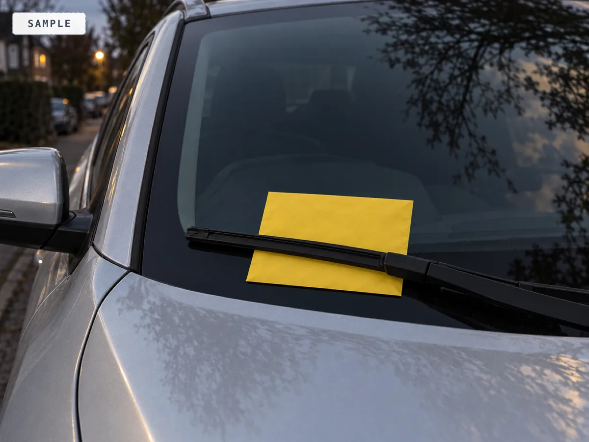 A plain penalty notice envelope tucked under the wiper of a silver car