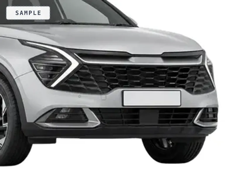 The front of a silver Kia Sportage, evenly lit, plate area clear