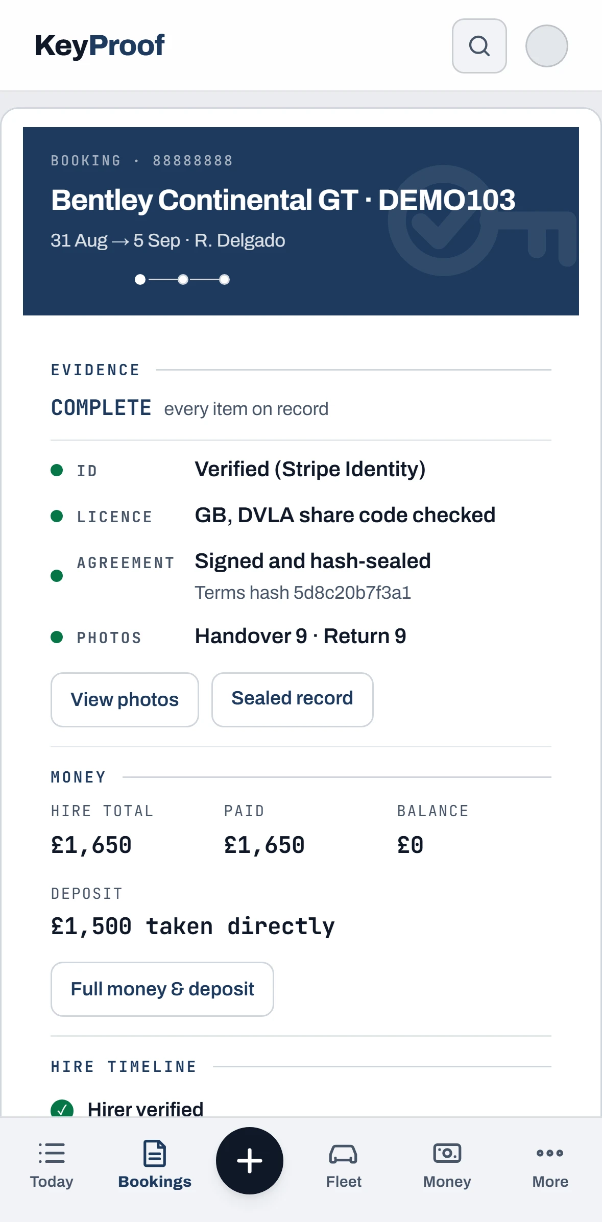 The KeyProof operator app, one protected hire opened in full: identity, licence, deposit, photo sets and sealed agreement, running on sample data