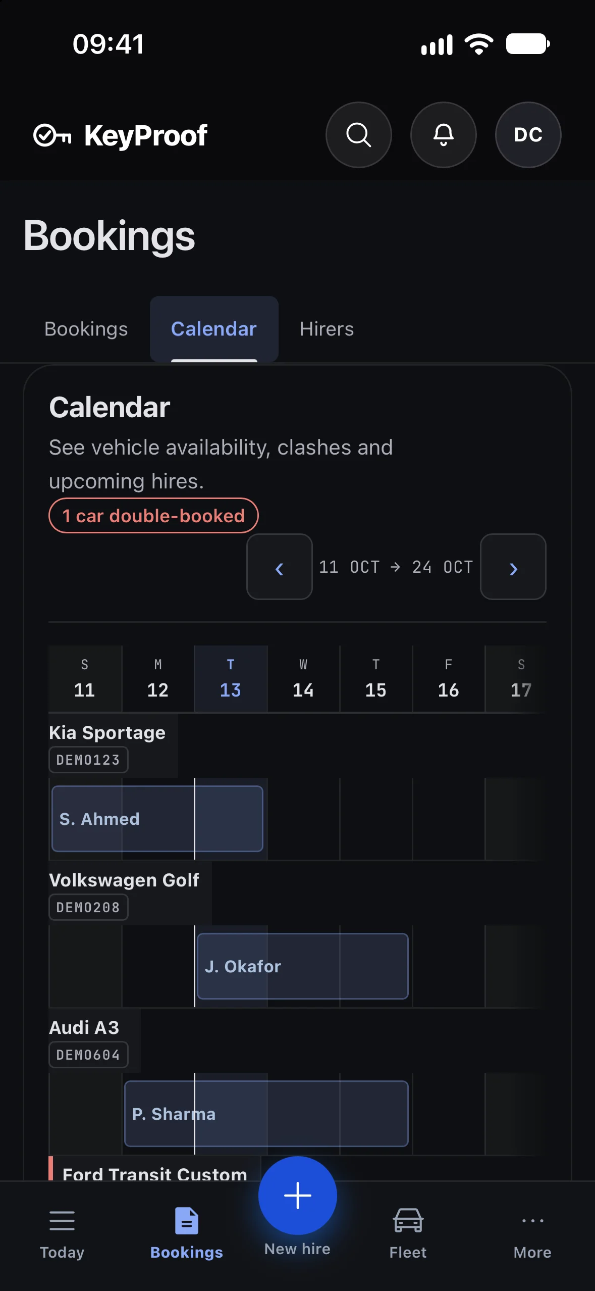 The fleet diary in the KeyProof app, showing which car is out and when, with a double booking flagged before it happens, on sample data