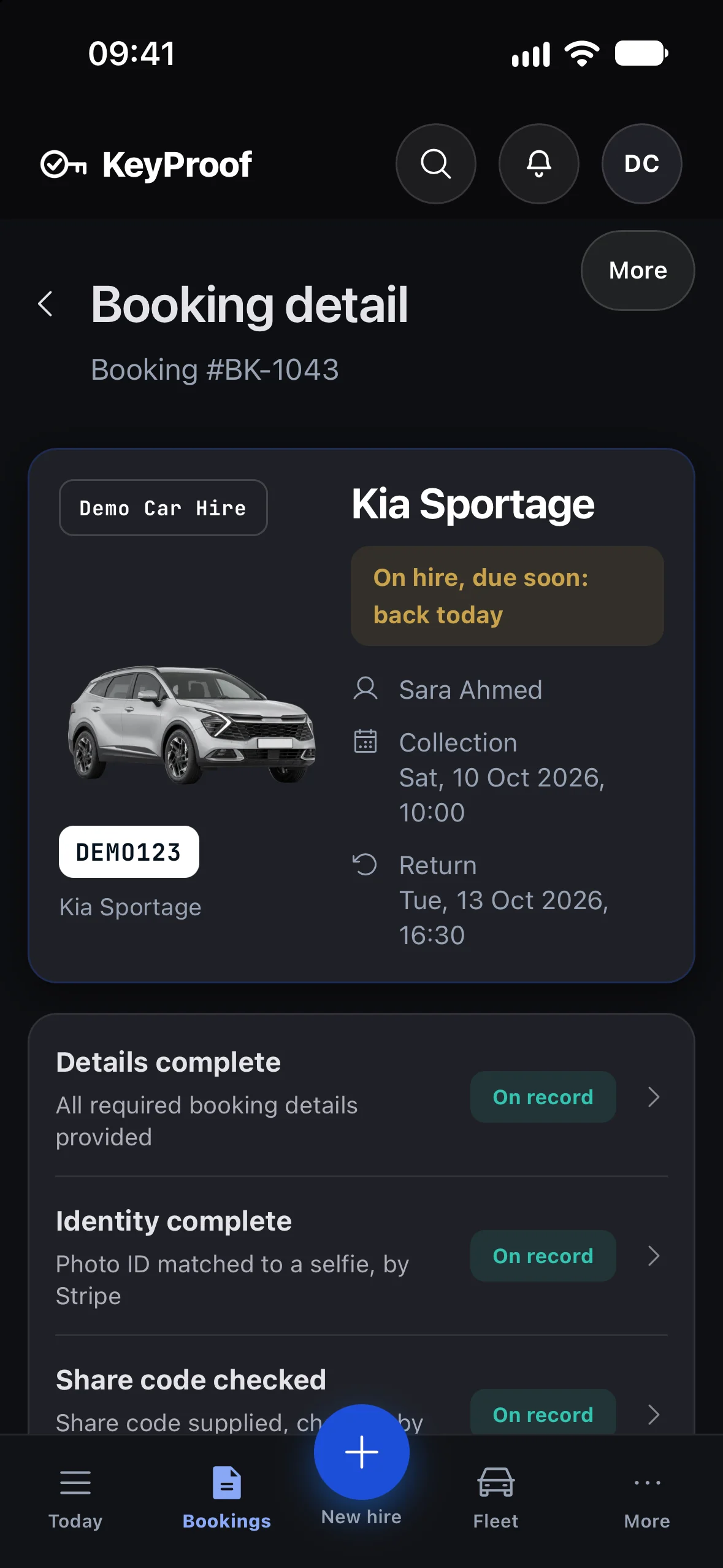 A booking in the KeyProof app showing each step of the hire, on sample data