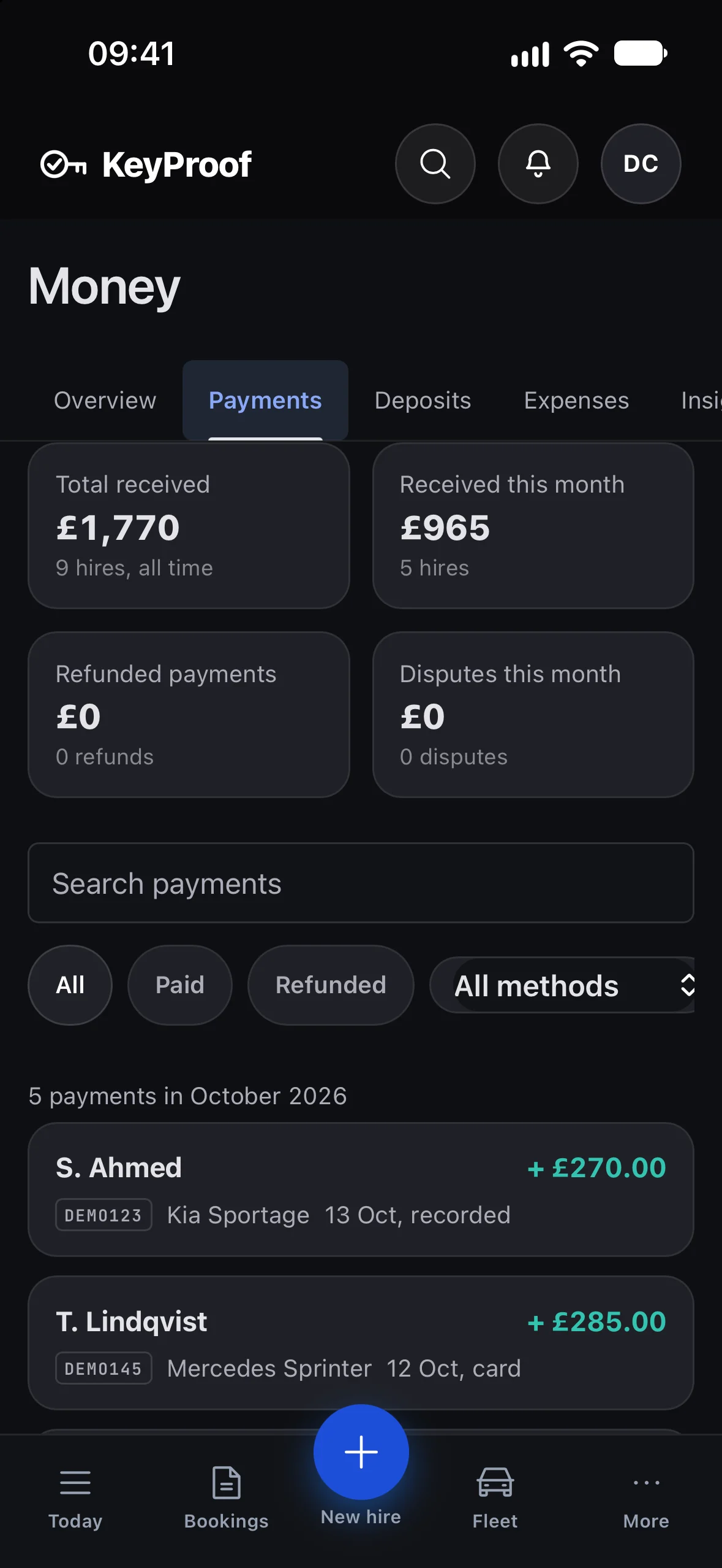 The Money screen in the KeyProof app: what came in this month and each payment, on sample data