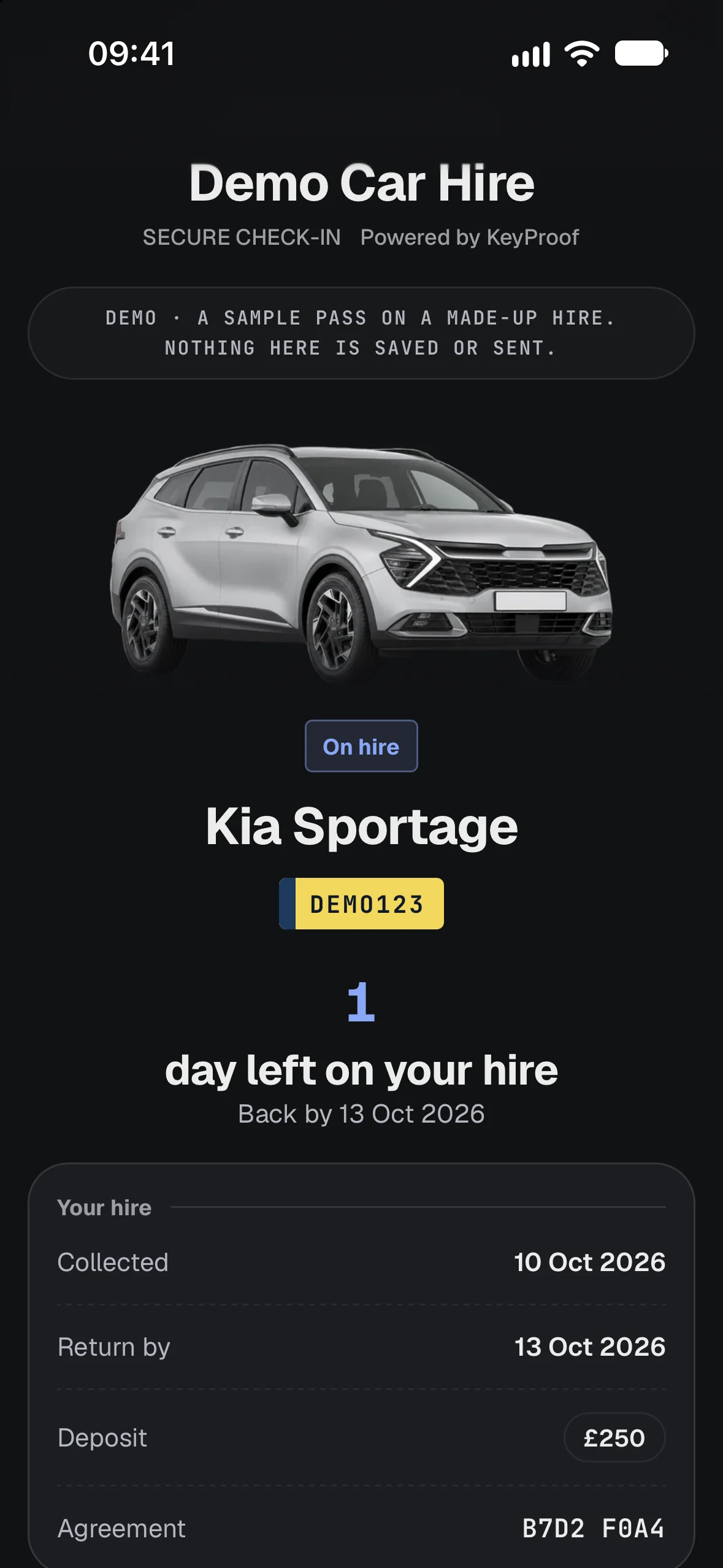 The hirer's pass while the car is on hire, on sample data