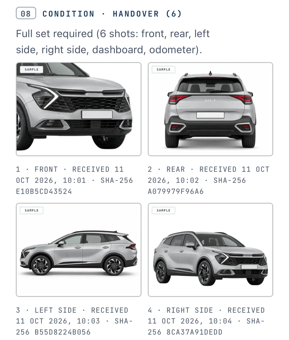The handover condition photos on a sample KeyProof hire record: the front and right-side tiles are photos of the sample car and the rear and left-side tiles are labelled sample tiles, each with the time it was received and its SHA-256 fingerprint