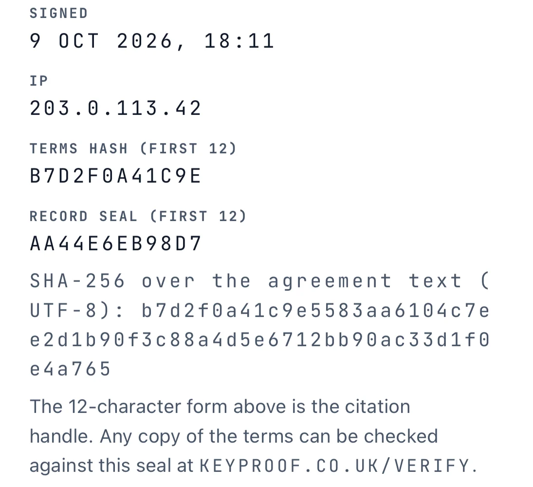 The seal block of a sample KeyProof hire record: when it was signed, the terms hash and the record seal, each a SHA-256 fingerprint anyone can check at keyproof.co.uk/verify, on sample data