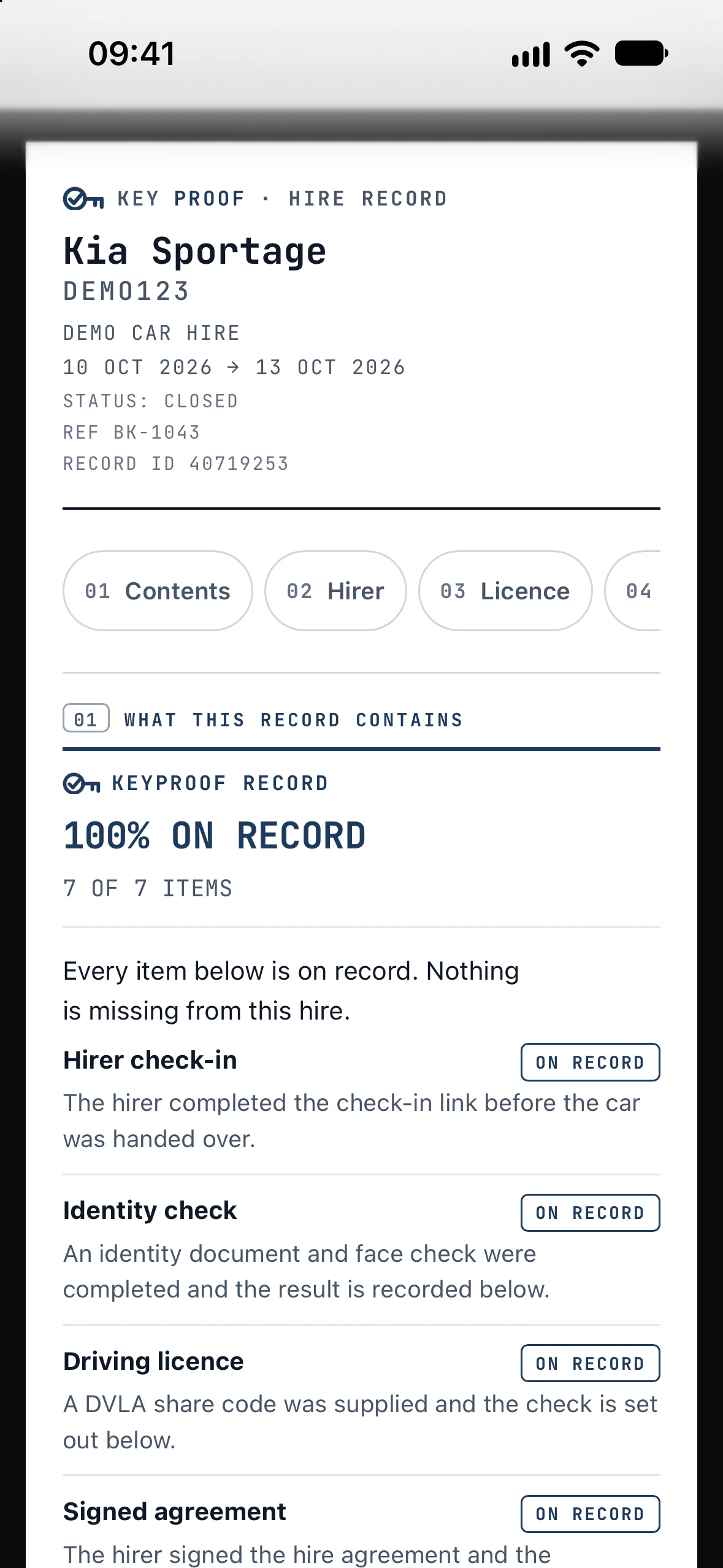 The sealed hire record on a phone, every section on record, on sample data