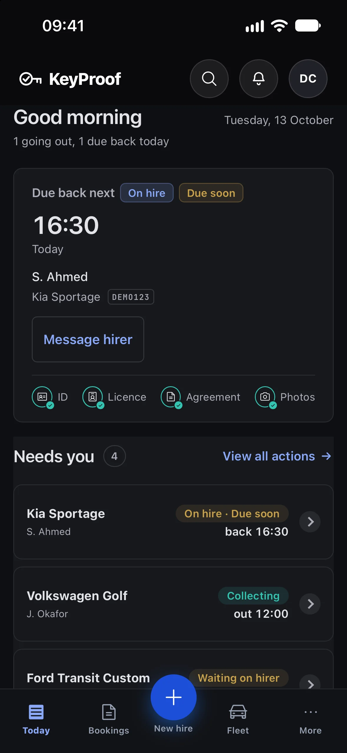 Today in the KeyProof app: Kia Sportage due back first and what needs the firm, on sample data